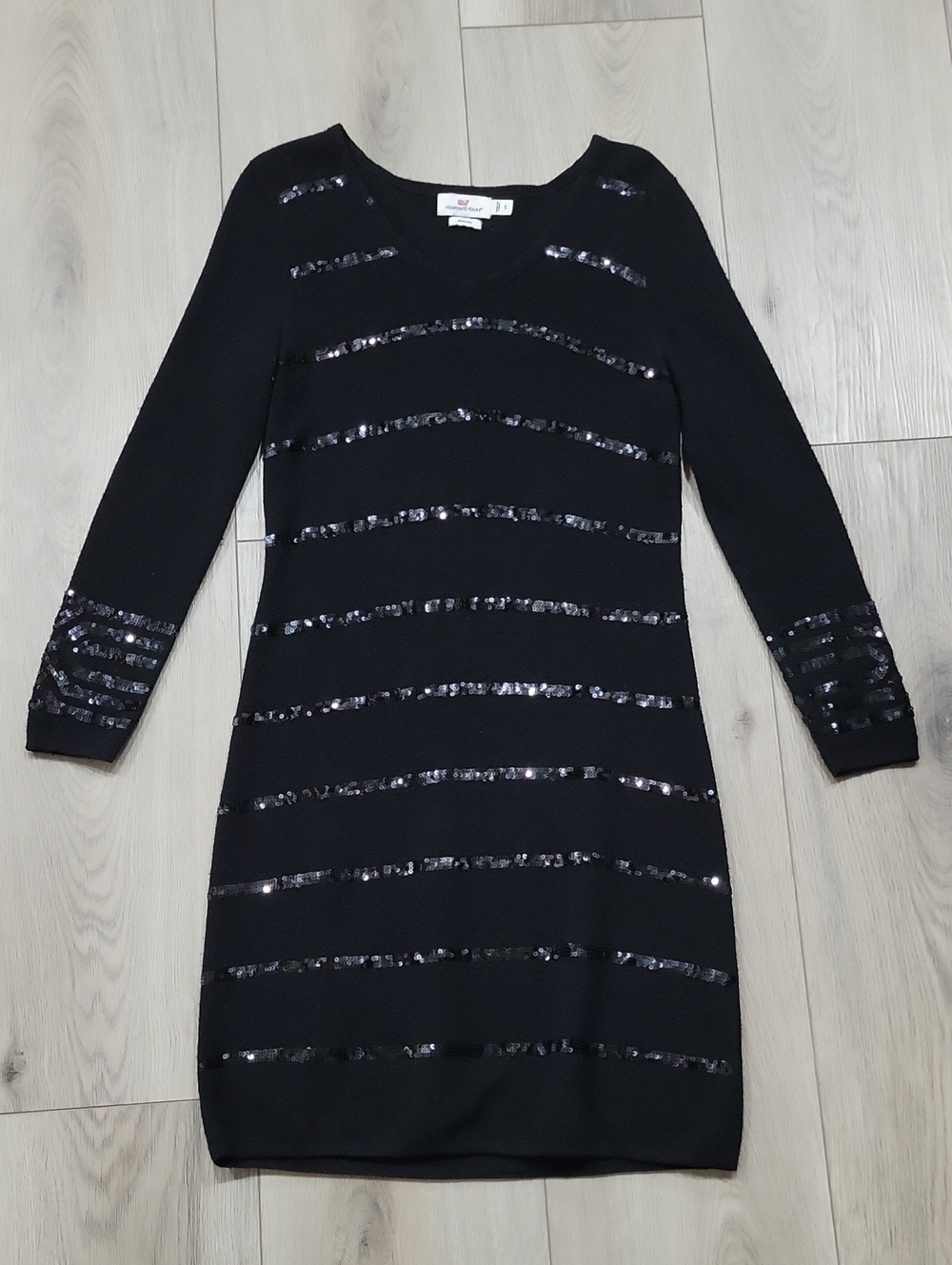 Vineyard Vines Merino Black Long Sleeve Sequin Stripe Sweater Dress